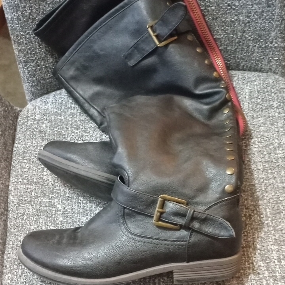 BAMBOO Black Combat Moto Boots with Buckle Straps